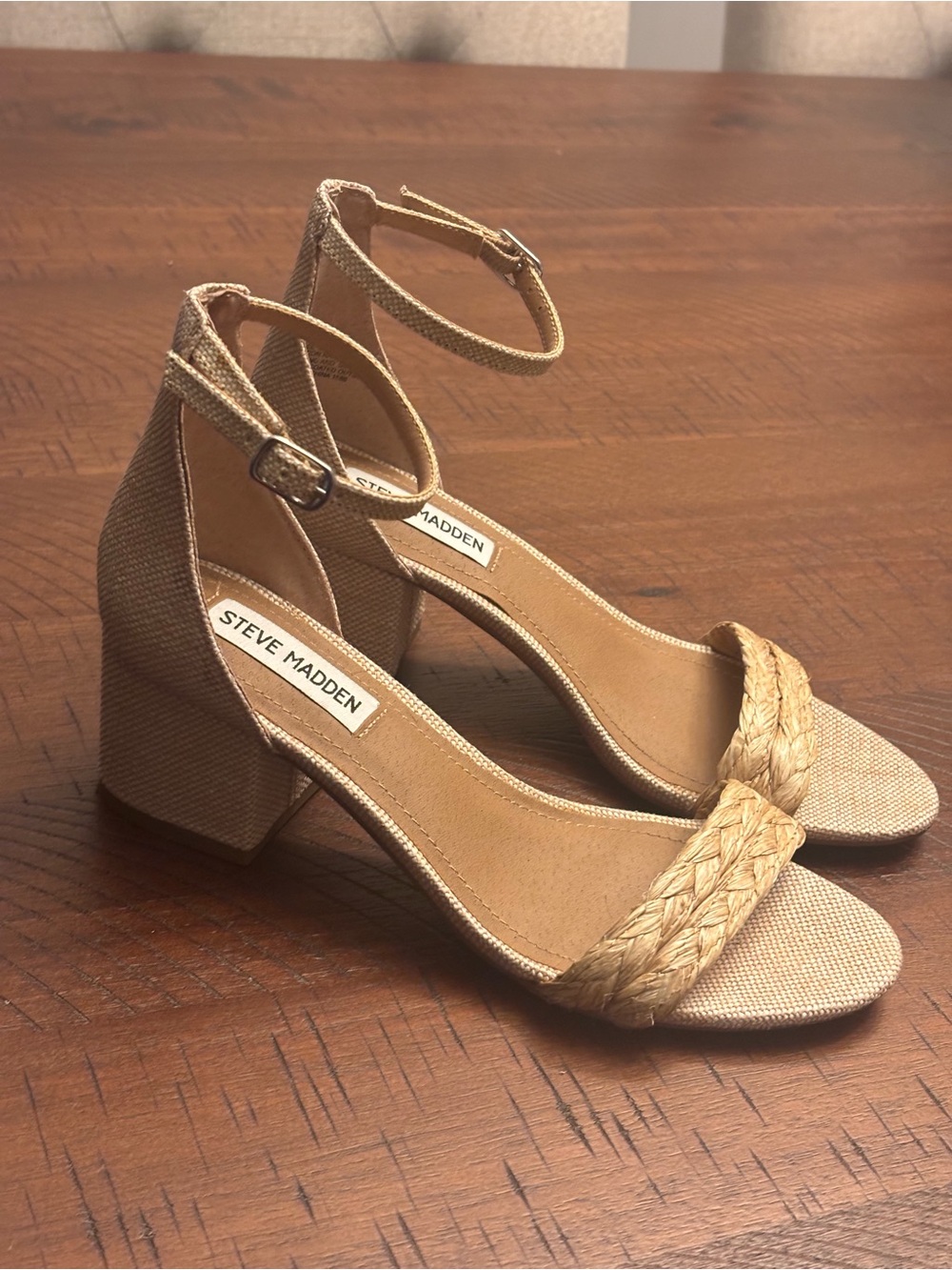 Steve Madden Tan Braided Ankle-Strap Block Heel Sandals Womens 6